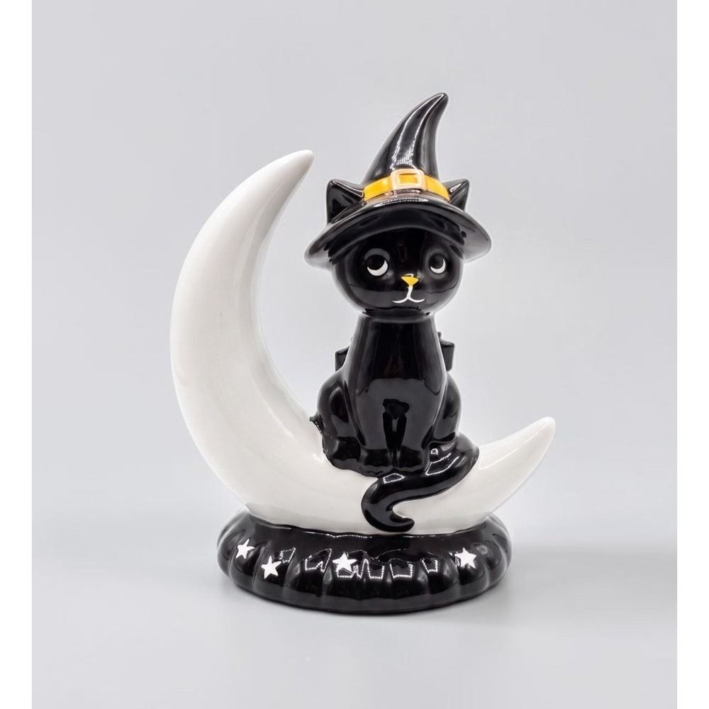 Bella Lux Ceramic Halloween Black Cat Witch Hat on Crescent Moon Figurine 9” NWT